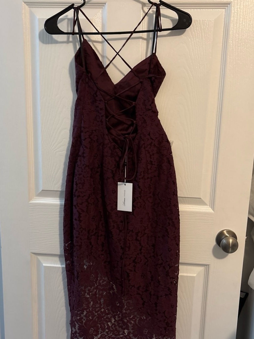 Lovers + Friends Burgundy Lace Midi Dress with Crisscross Back
